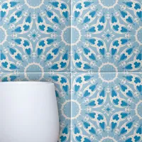 Textured Blue White Stylized Symmetrical Floral Ceramic Tile