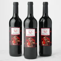 50 & Fabulous Photo Name Red 50th Birthday BLK WH Wine Label