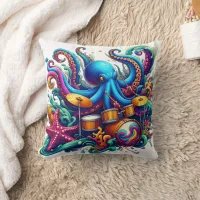 Colorful Octopus Playing Drums in Ocean Waves Throw Pillow