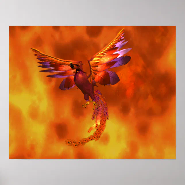 Colorful Phoenix Flying Against a Fiery Background Poster