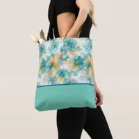 Teal and Yellow Flowers Alcohol Ink Color Block Tote Bag