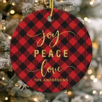 Buffalo Plaid Joy Peace Love Monogram Christmas Ceramic Ornament