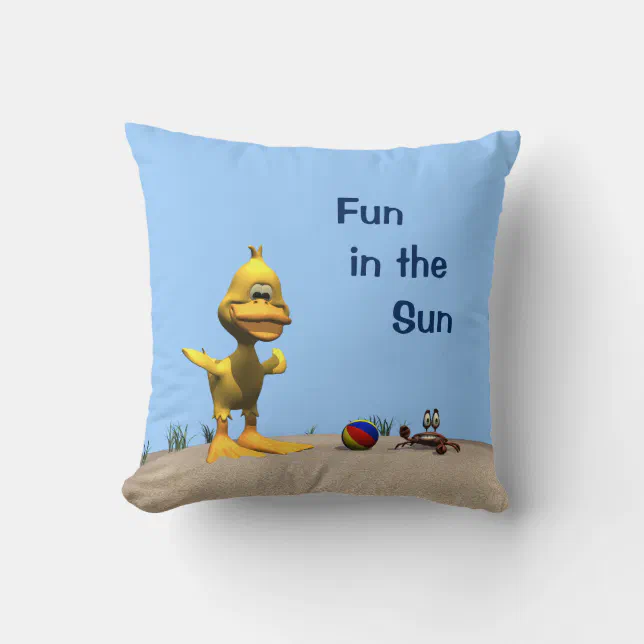 Cute Cartoon Duck and Crab on Beach Throw Pillow