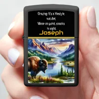 Majestic Buffalo Grazing by a Serene Mountain Lake Zippo Lighter