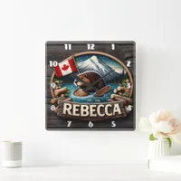 Canadian Beaver Holding Log by Canadian Flag Square Wall Clock