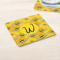 Bees on a Hive Personalised Yellow Square Paper Coaster