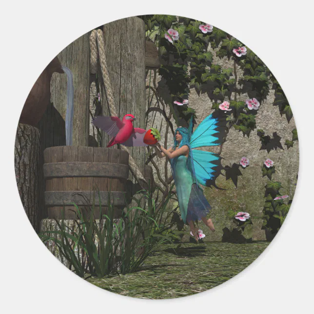 Cute Fairy Feeding a Bird Classic Round Sticker