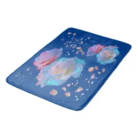 Water Droplets on Pink & Blue Roses on Blue | Bath Mat