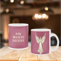 Ask, Believe, Receive  | Gold Angel Wings Red Frosted Glass Coffee Mug