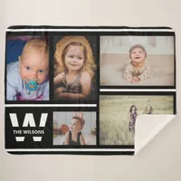 Black and White Multiple Photos Custom Monogram Sherpa Blanket