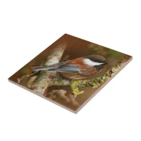 Cute Chestnut-Backed Chickadee on the Pear Tree Ceramic Tile