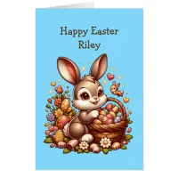 Large Cute Vintage Easter Bunny, Basket and Eggs Card
