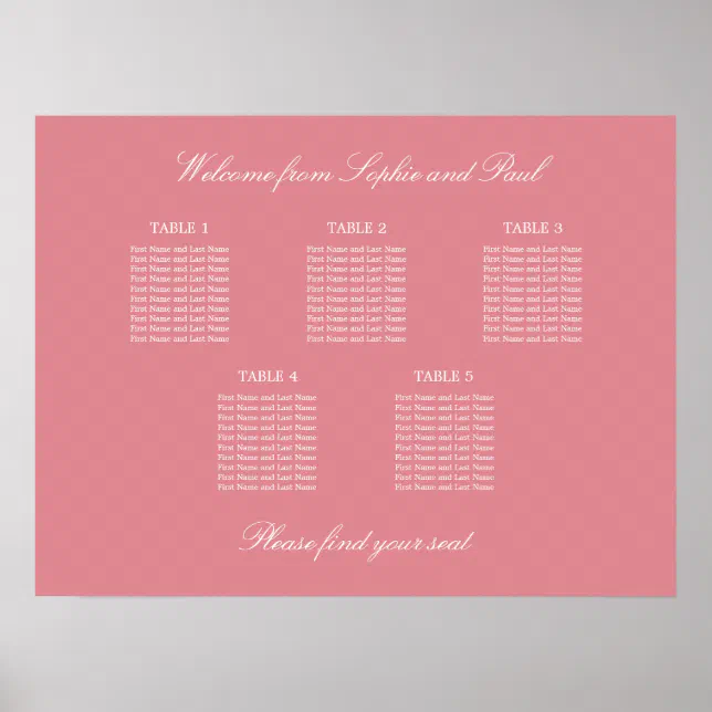 Blush Pink 5 Table Wedding Seating Chart Poster