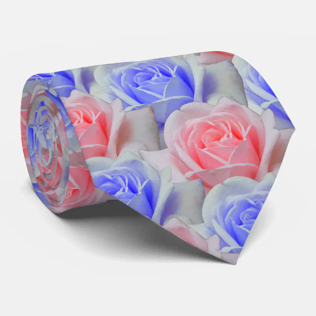 Elegant Pink & Powder Blue Roses Floral Wedding Neck Tie