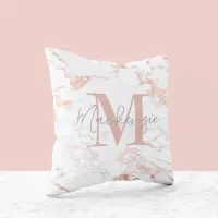 Elegant Rose Gold Foil Marble Monogram Throw Pillow