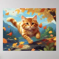 *~* Tabby Jump Fall Leaves Kitten  5:4  Cat AP68  Poster