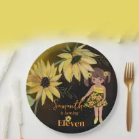 Sunflower Watercolor Fifth Girl Black Birthday Paper Plates