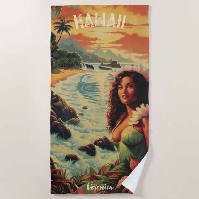 Vintage Art Hawaii Beach Hawaiian Girl  Beach Towel