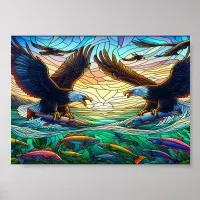 Two Bald Eagles Catching Fish Over water 7"x5" Poster