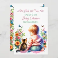 Little Girl and Kitten | Watercolor Baby Shower Invitation