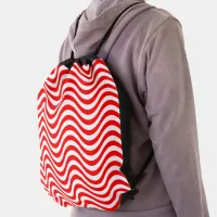 Red & White Wavy Stripes Psychedelic Drawstring Bag