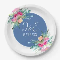 Blue Floral Pink Rosebud Wedding Personalized Paper Plates