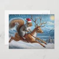 Adorable Squirrel Santa Reindeer Christmas Snowing Postcard