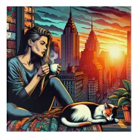 Woman Reading in City Window with Cat and Coffee Acrylic Print