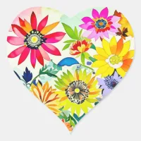 Watercolor Flowers in Pink and Yellow Heart Sticker
