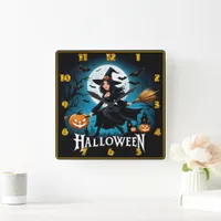 A whimsical witch flying under a full moon square wall clock