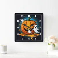 Whimsical Halloween ghosts around a spooky pumpkin Square Wall Clock