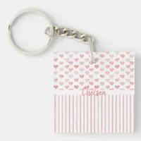 Blush Pink Watercolor Hearts and Stripes Pattern Keychain