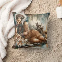 Native American Woman Relaxing With A Tiger Throw Pillow