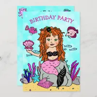 Red Haired  Mermaid Under the Sea Birthday Party Invitation