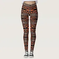 Trendy Orange & Black Op Art Geometric Pattern Leggings