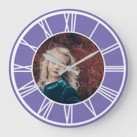 White Roman Numeral Border Lt Purple Photo Round Large Clock