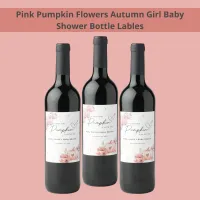 Sweet Pink Pumpkin Flowers Leafs  Baby Girl Shower Wine Label