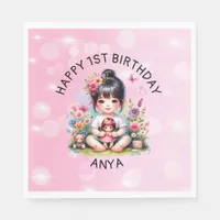 Pretty Personalized Asian Girl and Doll Birthday  Napkins