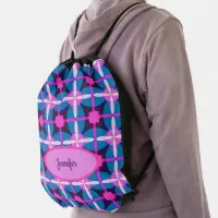 Retro Geometric Pattern in Pink, Purple and Blue  Drawstring Bag