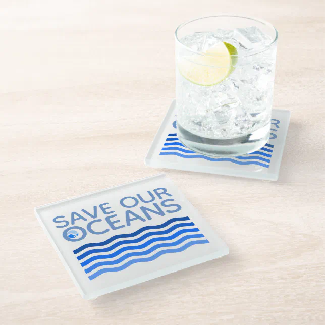 Save Our Oceans Blue Stylized Earth Waves Glass Coaster