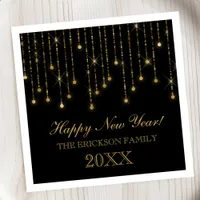 Happy New Year Gold and Black String Lights Custom Napkins