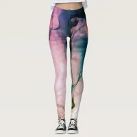 *~* Abstract Watercolor Teal Pink Blue Bubbles Leggings