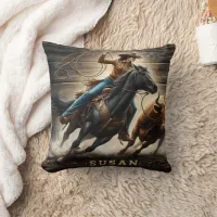 Cowgirl Roping Cattle at Rodeo Event Throw Pillow