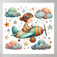 Child Flying a Propeller Plane Whimsical Nursery  Poster