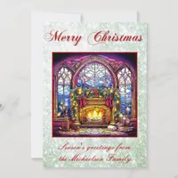 Vibrant Stained Glass Cosy Fireplace Green Glitter Holiday Card