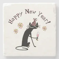 Happy New Year Funny Cat with Champagne Stone Coaster