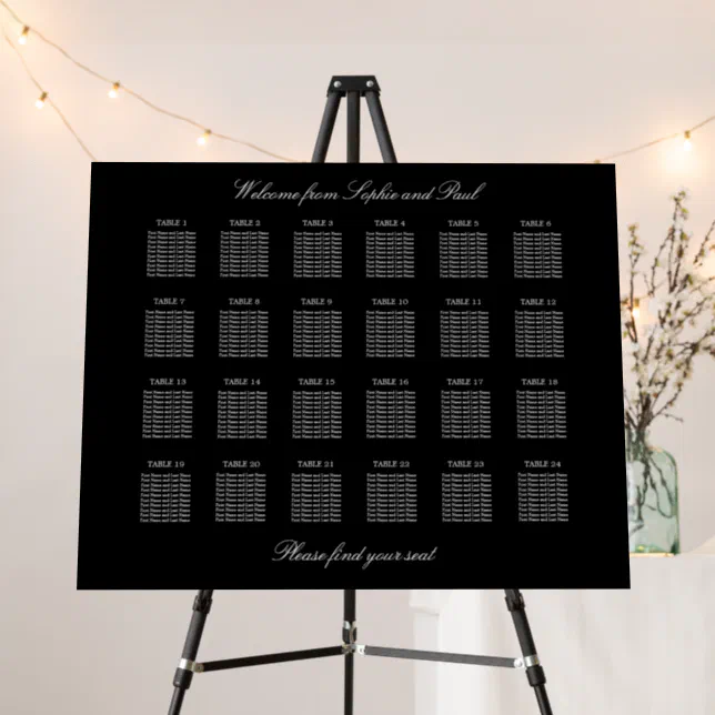 Elegant Black 24 Table Seating Chart Foam Board
