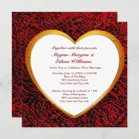 Gold Heart Frame & Red Fabric Wedding Square Invitation