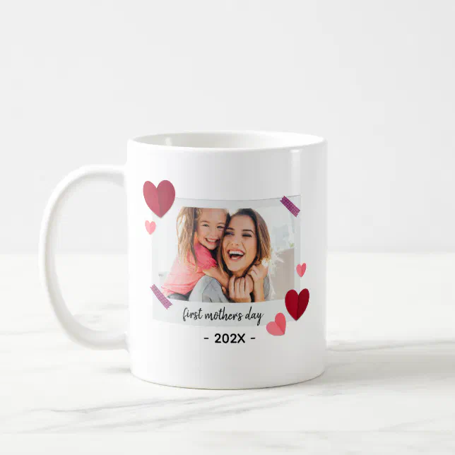 Minimalist 1st Mother's Day Photo Gift with Hearts Coffee Mug