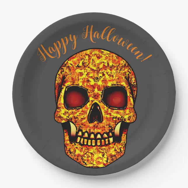 Frightening Halloween skull with red eyes  Paper Plates